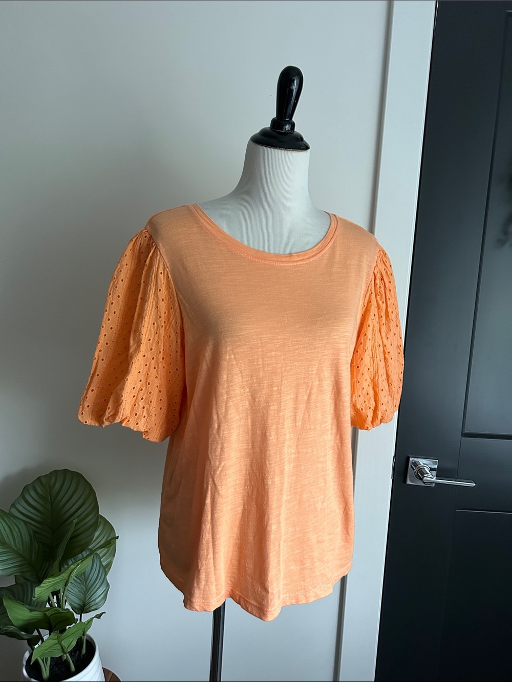 Pretty in 🍑 L Peach short eyelet Puff Sleeve Knit Top